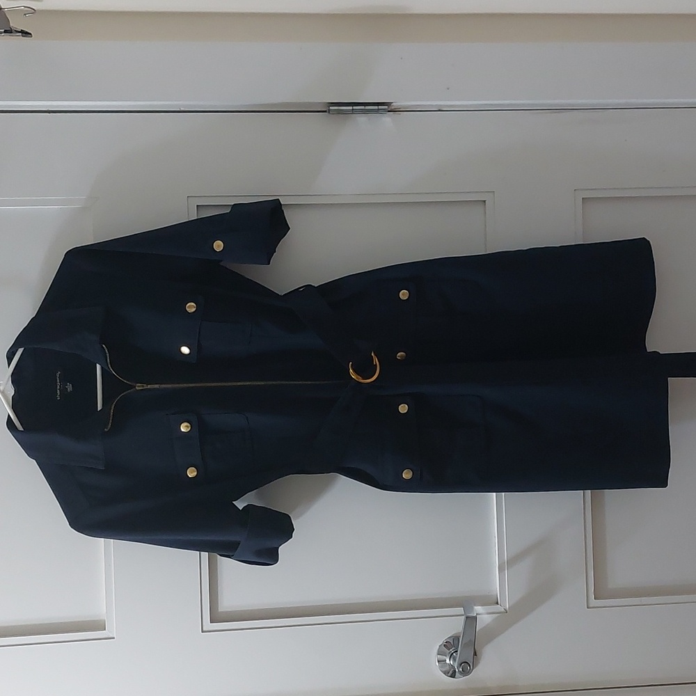 Sharagano Dark Blue Belted Shirtdress with Gold Accents, 4
